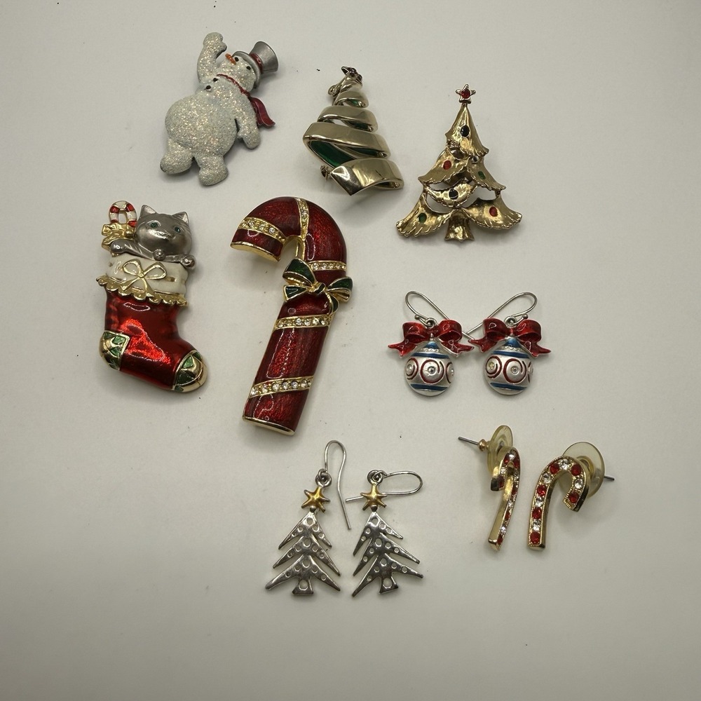 Vintage Christmas Jewelry Lot Brooch Pins & Earrings Tree Candy Cane Snowman